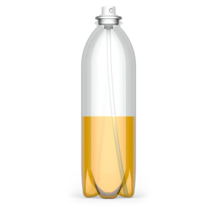 Clear plastic aerosol bottle full of yellow liquid